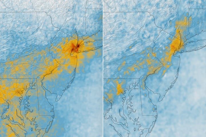 NASA TEMPO maps showing higher morning nitrogen dioxide over the New York-to-Washington corridor on May 18, 2026, compared with lower concentrations later that day.