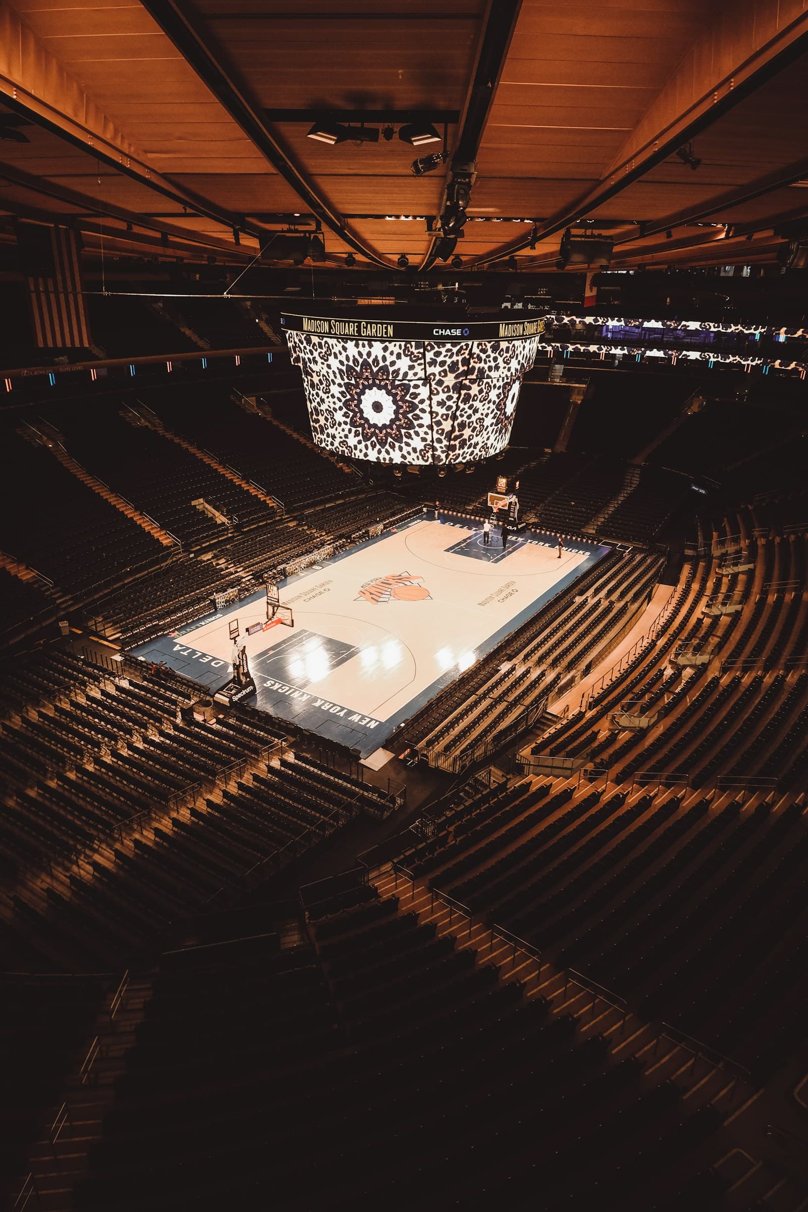 Madison Square Garden's basketball court and scoreboard before a New York Knicks game.