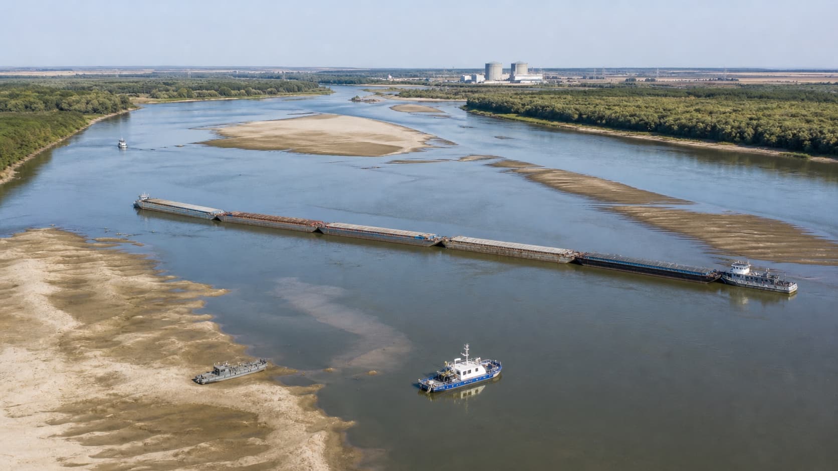 Editorial aerial illustration of temporary metal barges redirecting low Danube flows toward Cernavoda Unit 2 during drought