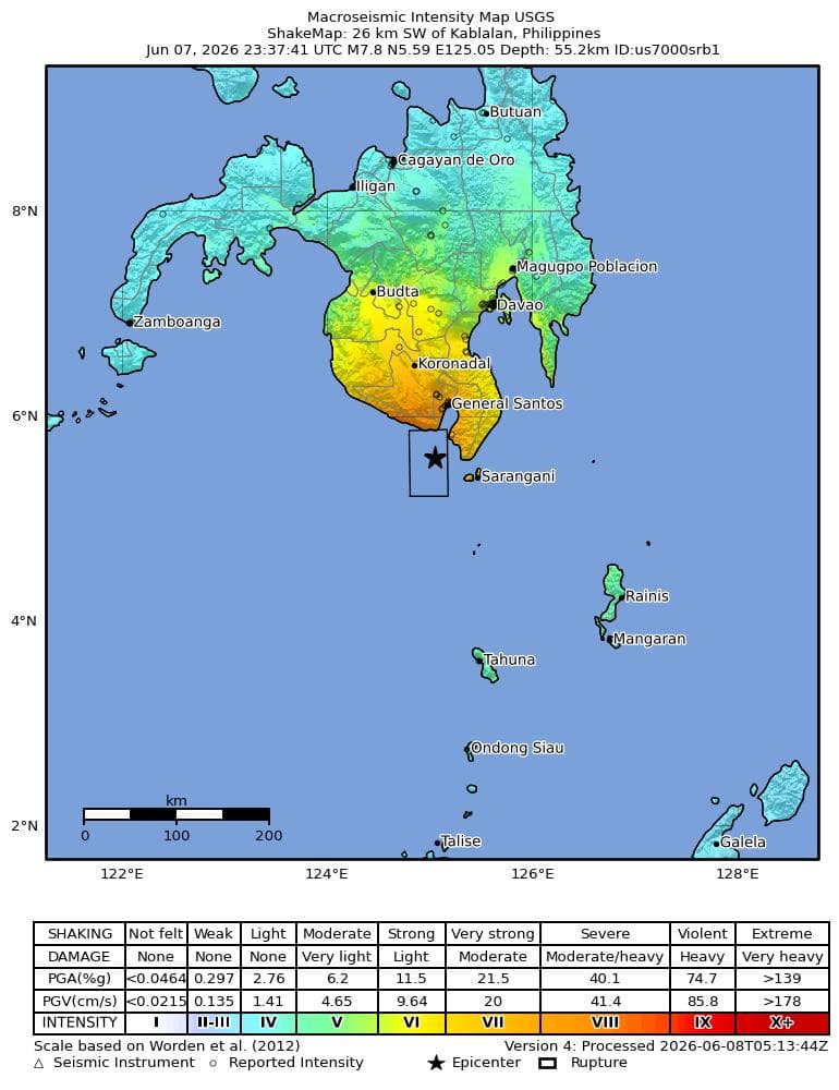 USGS shake map showing severe shaking off Mindanao after the June 8, 2026 earthquake.
